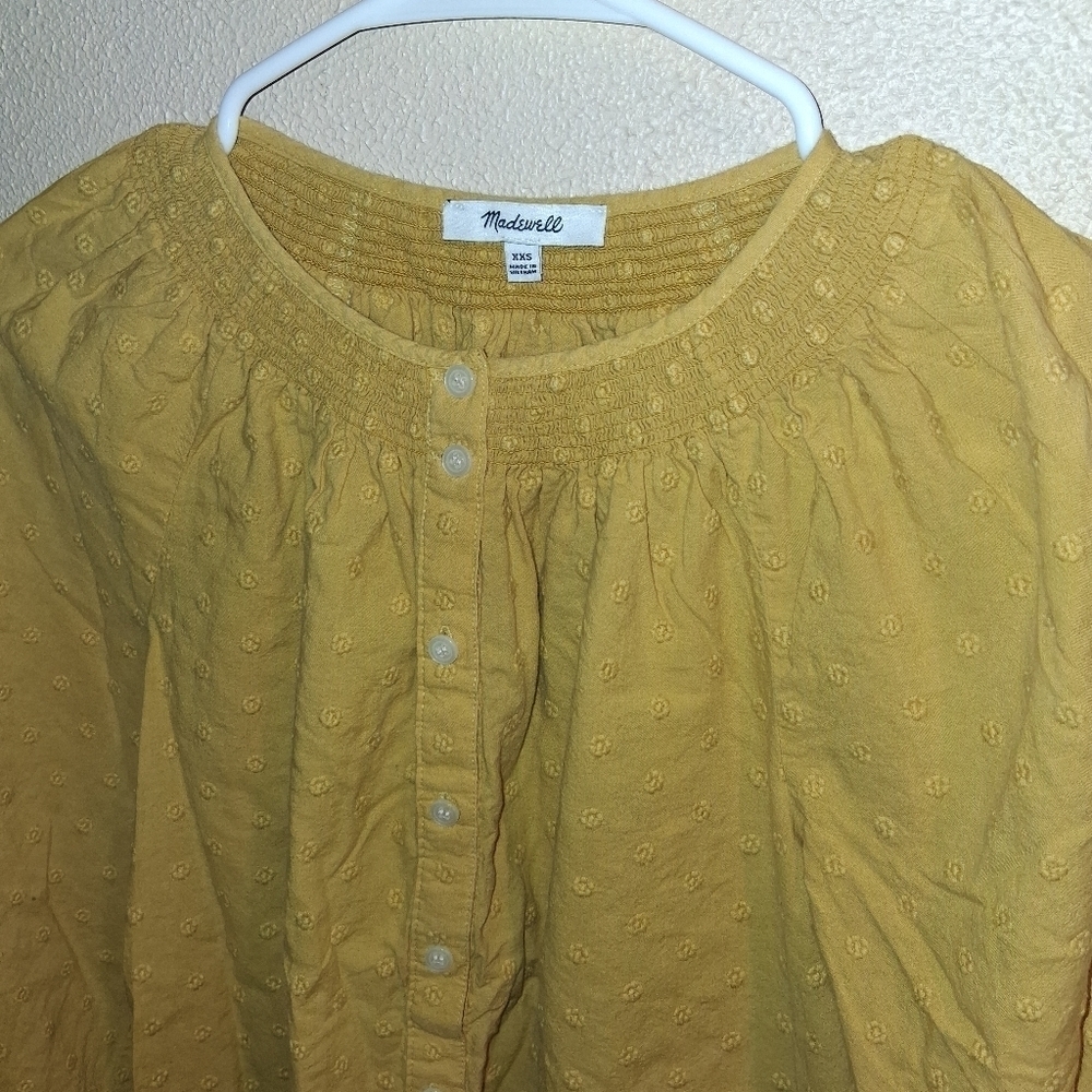 Madewell Floral EmbroideredMustard Yellow  Smocked Neck Raglan Top XXS - Picture 5 of 10